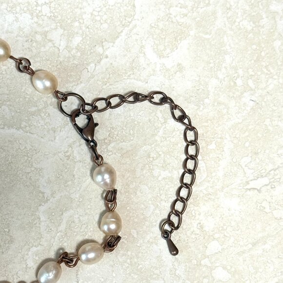 Pale Pink Freshwater Pearl Short Necklace with Cute Coral Pendant, Copper Links - Picture 14 of 16